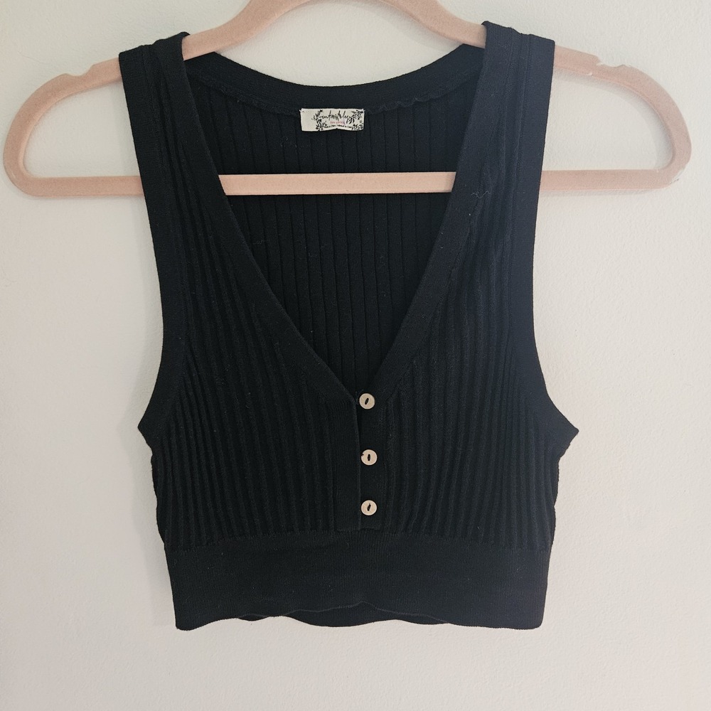 Free People Intimately Crop Tank Top Sleeveless Ribbed Black Women XS Soft Vneck